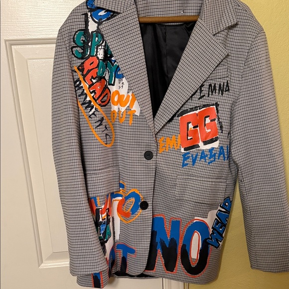 Jackets & Blazers - Graphic Checkered Blazer with Bold Text